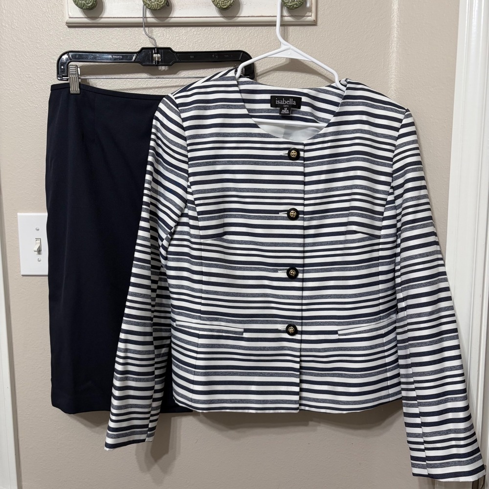 Isabella Suits Womens Navy Blue White Striped Blazer & Skirt Set Size 12